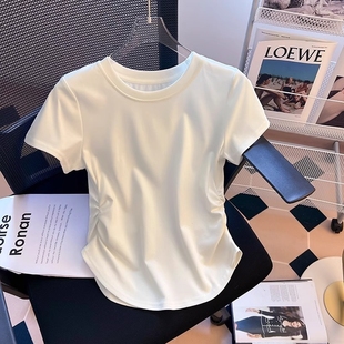 纯棉白色短袖t恤女夏季设计感褶皱收腰上衣，不规则弧形下摆打底衫