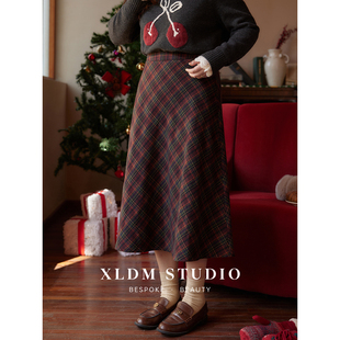 小俪大码圣诞酒红格纹毛呢半身裙，胖mm冬季加厚中长款宽松伞裙
