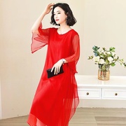 红色真丝连衣裙，女中长款2023妈妈夏装重磅桑，蚕丝沙滩长裙
