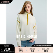 Basic House/百家好撞色立领毛衣外套2024春季设计感羊毛针织衫女