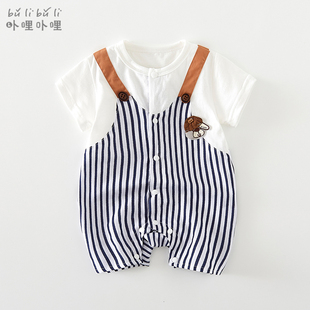 韩版婴儿夏装男宝宝假两件短袖哈衣纯棉连体衣，夏季薄款新生儿衣服