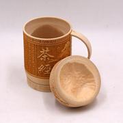 竹制带盖子本色竹杯 带把喝水茶杯阳雕雕刻带柄杯工艺杯子包