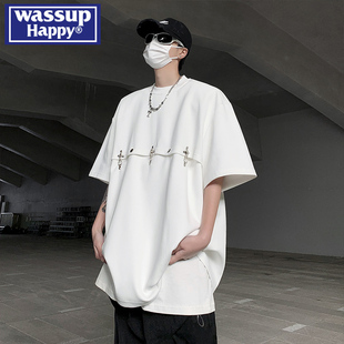 wassup happy高级短袖t恤男夏季重磅设计感欧美街头风潮牌七分袖