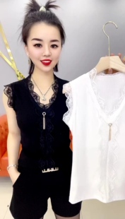 23春夏黑色吊带背心女性感无袖，内搭拼接花边蕾丝，t恤打底衫女上衣