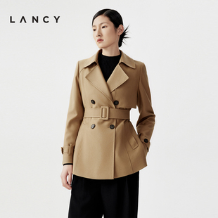 lancy朗姿2024春季高级感双排扣收腰，修身短款羊毛风衣外套女