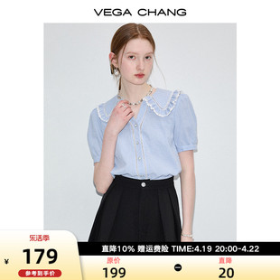 VEGA CHANG格子衬衫女2024年夏季设计感蓝白格娃娃领短袖上衣