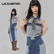 LACRAWFISH ABG辣妹解构撞色拼接修身显瘦设计感复古牛仔连衣裙女