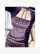 新中式中国风复古紫色丝绒连衣裙套装长袖披肩外套包臀吊带长裙子