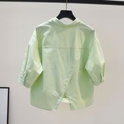 果绿色短袖衬衫女款夏季设计感开叉宽松短款纯色简约通勤上衣