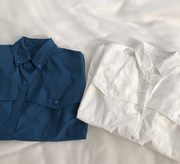 孔雀蓝白衬衫小众时髦立体纯色休闲宽松衬衣女秋季叠穿长袖外套