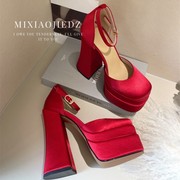 15cm高跟鞋子女2024婚鞋新娘鞋红色礼服鞋一字带粗跟单鞋