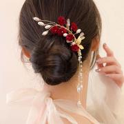 新中式秀禾服婚服2023新娘，敬酒服头饰，红色对夹子发饰结婚礼服