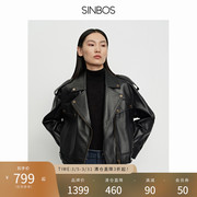 sinbos机车皮衣女真皮，短款宽松夹克，2023秋季绵羊皮廓形小外套
