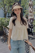 泡泡袖上衣短袖衬衫，女薄款夏季2024韩版小个子刺绣蕾丝小衫