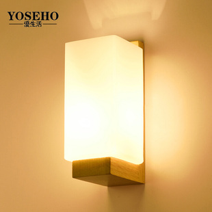 日式木艺床头壁灯卧室，简约现代实木中式北欧创意，客厅过道酒店灯具