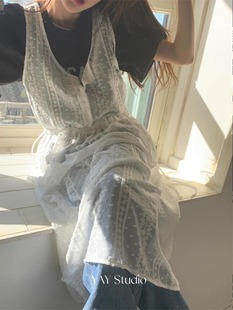 Exclusive type韩国个性设计蕾丝透视叠穿抽绳收腰宽松背心连衣裙