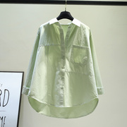 浅绿色设计感拼接长袖棉布衬衫，女春秋韩范法式小众休闲叠穿上衣潮