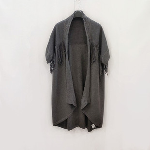 羊毛针织外套 春秋季设计感流苏蝙蝠袖中袖针织衫开衫毛衣女