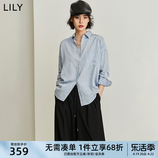 lily2024春女装简约竖条纹垂坠感长袖衬衫，翻领宽松衬衣上衣女