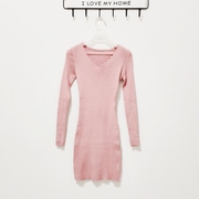 任3件c3321秋冬韩版v领针织衫中长款毛衣女(毛，衣女)长袖连衣裙粉色
