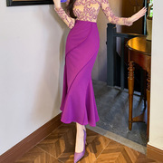 2023秋冬装韩版气质修身紫色鱼尾长裙设计感高腰半身裙20838