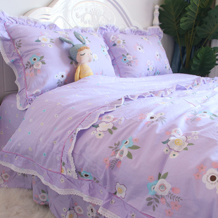 韩版公主风荷叶边四件套全棉，纯棉少女心，裸睡紫色被套床单床上用品
