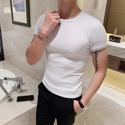 短袖男t恤圆领韩版修身男士半袖，紧身体恤衫白黑色(白黑色)打底衫夏季纯棉