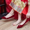 中式婚礼结婚鞋子女，平底婚鞋孕妇新娘鞋酒红色，秀禾服主婚纱两穿