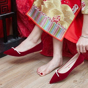 中式婚礼结婚鞋子女平底婚鞋孕妇新娘鞋酒红色，秀禾服主婚纱两穿