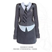 大码胖妹妹韩版学院风假两件长袖，领带衬衫女早秋灰色包臀短裙套装