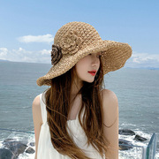 草帽女夏季沙滩帽子，花朵可折叠防晒大檐海边时尚，度假太阳帽遮阳帽