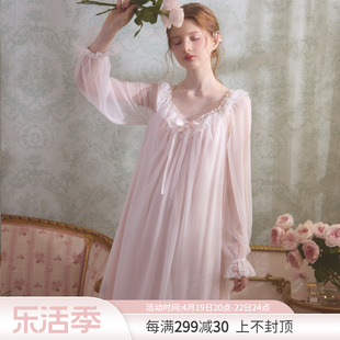 rosetree性感睡裙女款春秋季长袖，冰丝蕾丝宫廷公主风法式睡衣长款