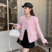 粉色常规长袖小香风外套，女2024春法式名媛短款粗花呢