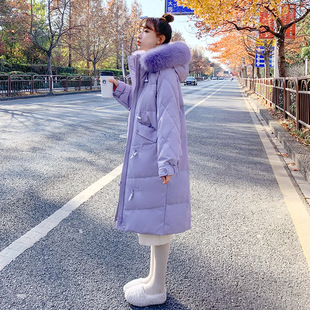 紫色白鸭绒中长款羽绒服女2023年冬装过膝时尚洋气外套女