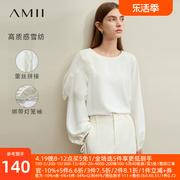 amii法式雪纺衫女2024夏季圆领拼蕾丝绑带灯笼，袖小衫宽松上衣