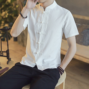 中式亚麻衬衫男夏季短袖，休闲百搭中国风潮流，复古盘扣立领唐装衬衣