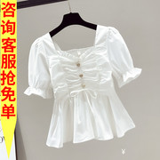 短袖雪纺白衬衫女装，夏薄款2023年遮肚子收腰小衫方领显瘦上衣