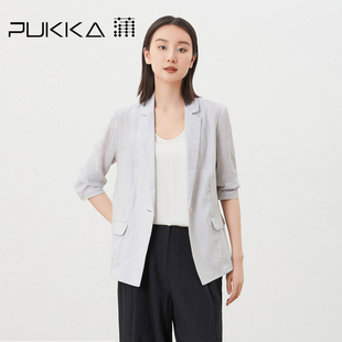 蒲pukka亚麻西装外套，女春装七分袖休闲小西服