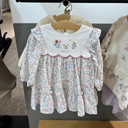 出口韩国童装24夏女童(夏女童，)宝重工刺绣，假两件碎花长袖复古连衣裙