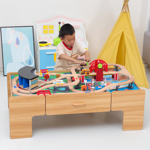 木质大颗粒积木桌子多功能玩具台儿童拼装火车轨道游戏益智椅套装