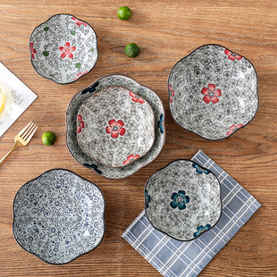 盘子日式家用6/7英寸陶瓷餐具创意梅花凉菜碟子不规则深盘菜盘子