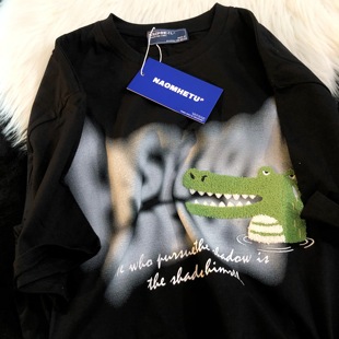 Daiwing 冥王星的乐观主义 夏季美式毛巾绣鳄鱼卡通情侣短袖T恤