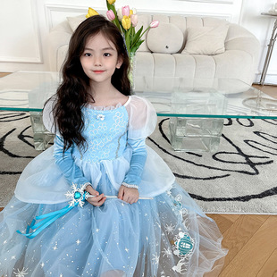 冰雪奇缘爱莎公主蓝色连衣裙小女孩万圣节表演礼服蓬蓬裙送袖套