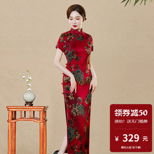 传统老上海旗袍长款短袖红底大花高档奢华优雅气质海派2024年