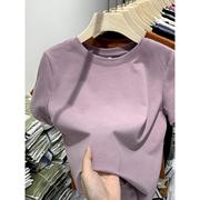 紫色t恤女短袖修身显瘦2024夏季正肩上衣，美式复古纯棉体恤潮