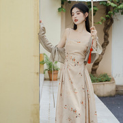 新中式复古国风印花收腰显瘦气质吊带连衣裙开衫，两件套装气质