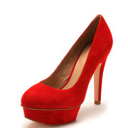欧美夜店风真皮女鞋子，超高跟水台圆头红色绒面羊皮单鞋df53113010