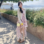 2025新款夏季女装碎花不规则燕尾吊带蕾丝裙防晒衫开衫两件套装潮