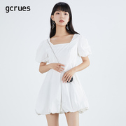 gcrues法式方领连衣裙，女高腰夏季桔梗，白色娃娃裙泡泡袖