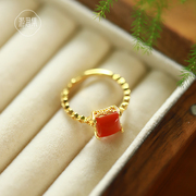 天然保山南红玛瑙戒指开口可调节小众设计纯银食指戒高级感女